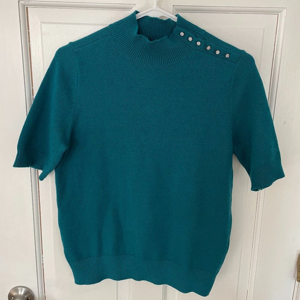 Ann Taylor Rhinestone Shoulder Button Sweater, Teal, Size Small
